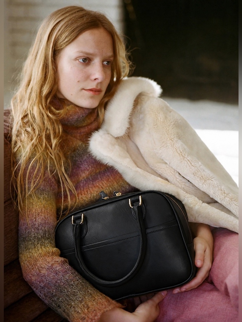 Clare V Black Leather Satchel with Gold Hardware